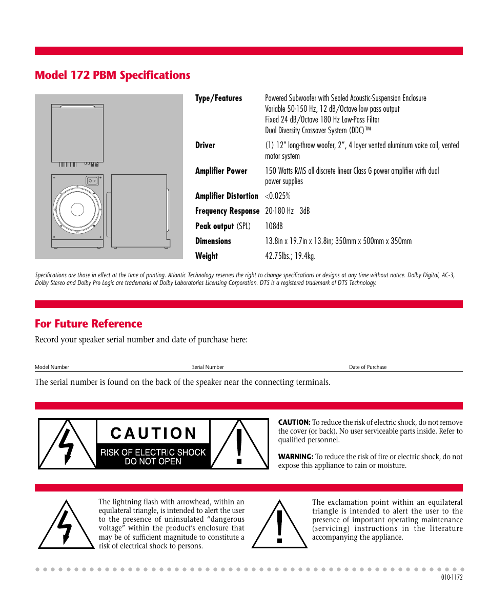 Model 172 pbm specifications, For future reference | Atlantic Technology 172 PBM User Manual | Page 12 / 12