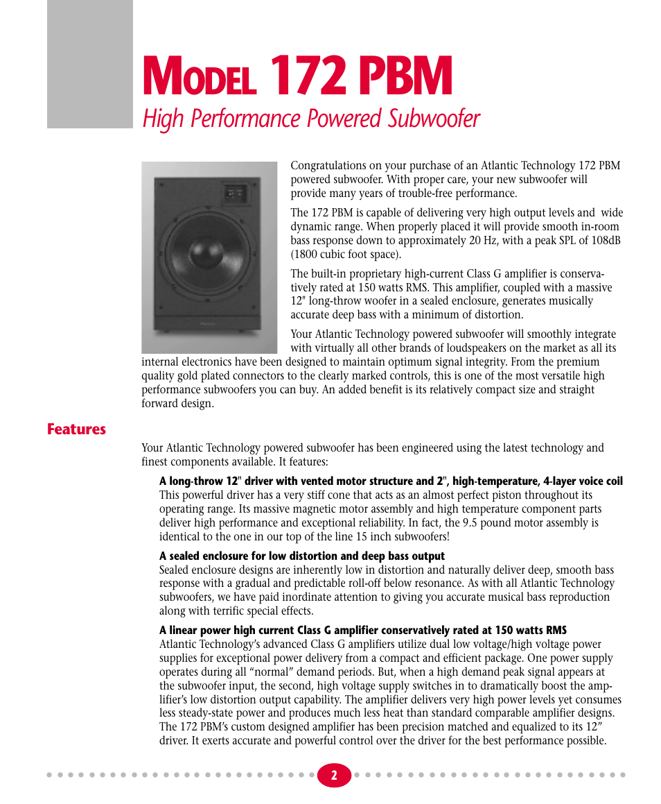 172 pbm, Odel, High performance powered subwoofer | Atlantic Technology 172 PBM User Manual | Page 2 / 12