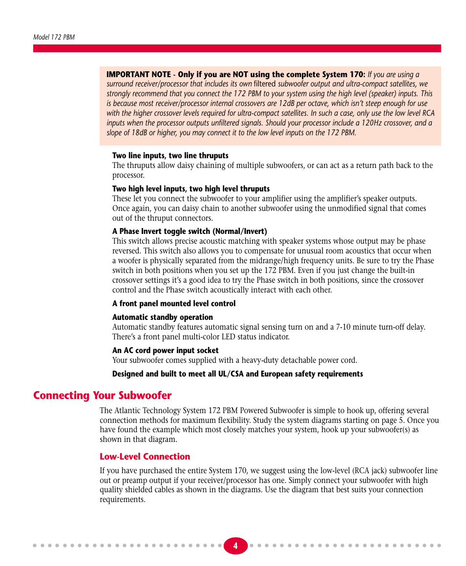 Connecting your subwoofer, Low-level connection | Atlantic Technology 172 PBM User Manual | Page 4 / 12
