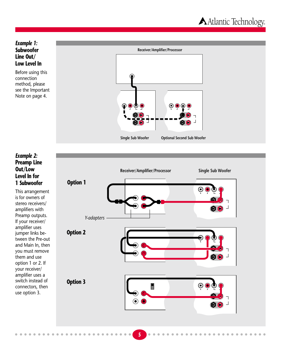 Atlantic technology, Example 1: subwoofer line out/ low level in, Option 1 option 3 option 2 | Y-adapters, Single sub woofer, Receiver/amplifier/processor | Atlantic Technology 172 PBM User Manual | Page 5 / 12