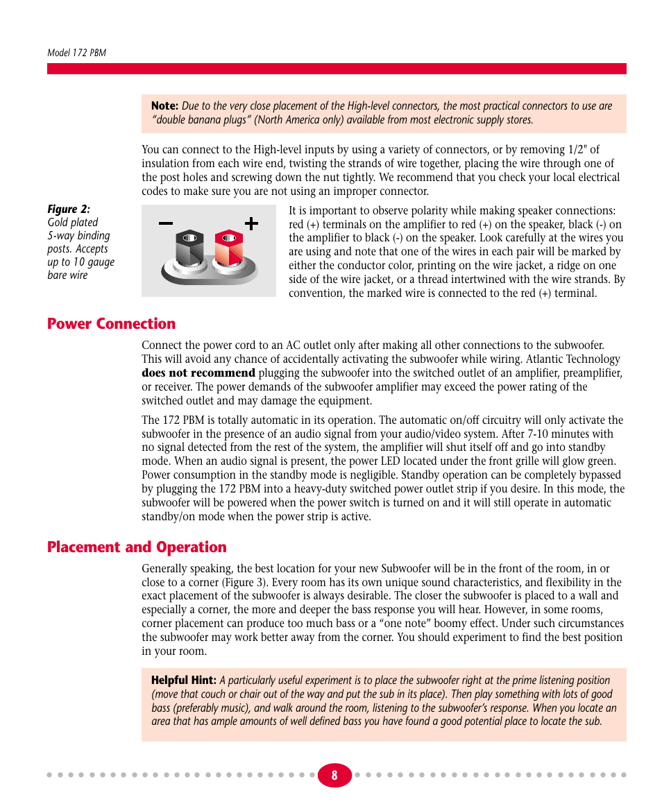 Power connection, Placement and operation | Atlantic Technology 172 PBM User Manual | Page 8 / 12