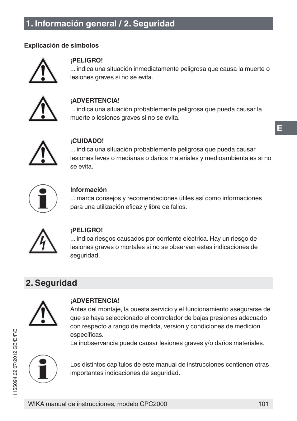 E1. información general / 2. seguridad, Seguridad | WIKA CPC2000 User Manual | Page 101 / 132