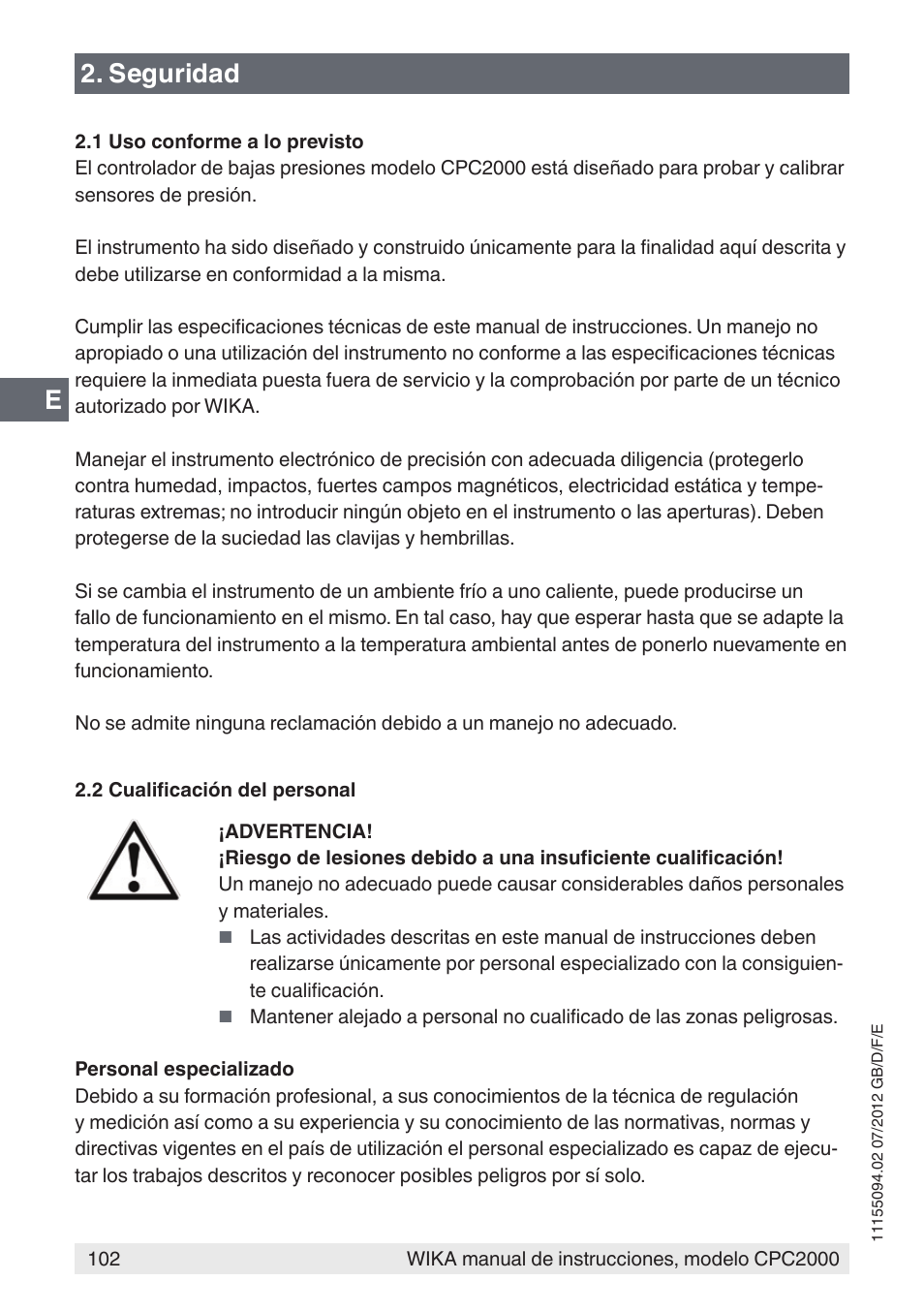 E2. seguridad | WIKA CPC2000 User Manual | Page 102 / 132