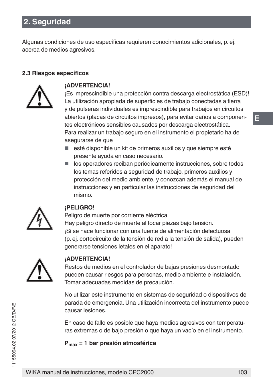 E2. seguridad | WIKA CPC2000 User Manual | Page 103 / 132