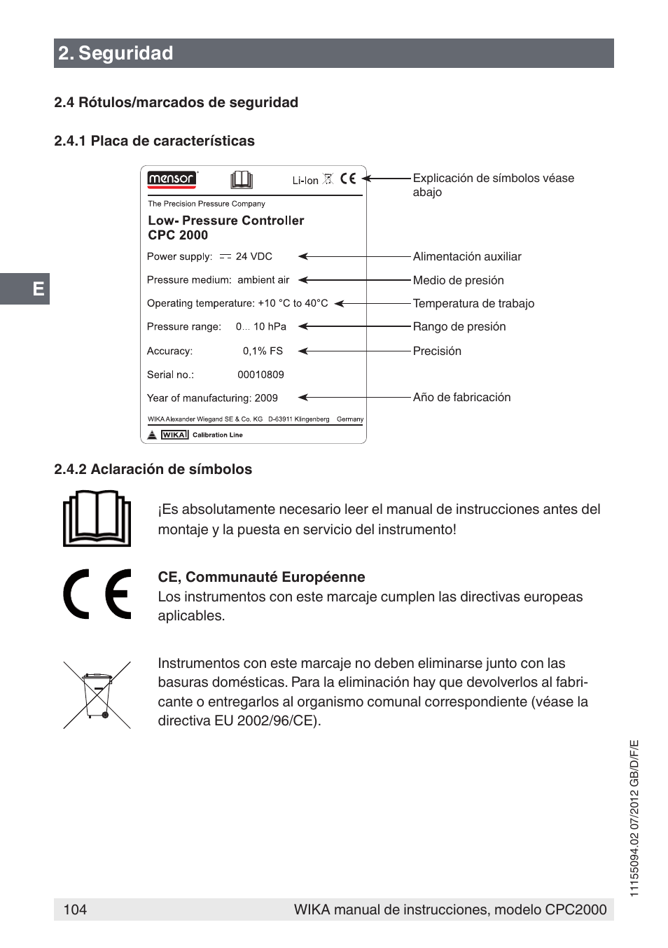 E2. seguridad | WIKA CPC2000 User Manual | Page 104 / 132