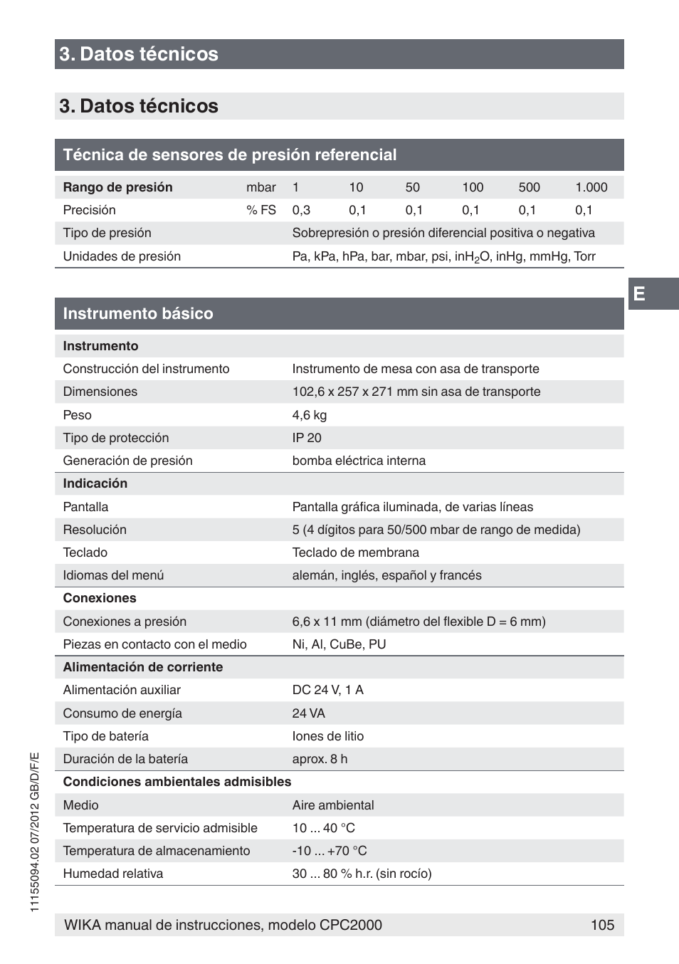 E3. datos técnicos 3. datos técnicos, Técnica de sensores de presión referencial, Instrumento básico | WIKA CPC2000 User Manual | Page 105 / 132