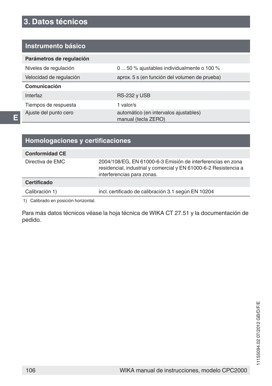 E3. datos técnicos | WIKA CPC2000 User Manual | Page 106 / 132