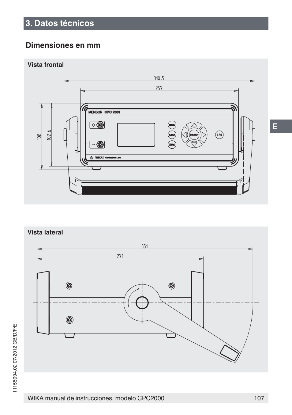 E3. datos técnicos | WIKA CPC2000 User Manual | Page 107 / 132