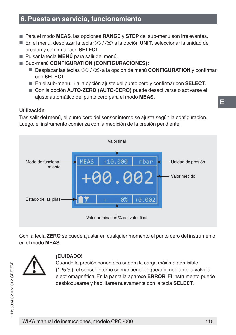 E6. puesta en servicio, funcionamiento | WIKA CPC2000 User Manual | Page 115 / 132