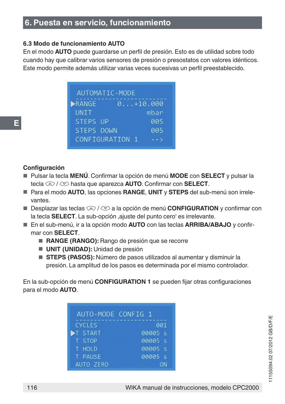 E6. puesta en servicio, funcionamiento | WIKA CPC2000 User Manual | Page 116 / 132