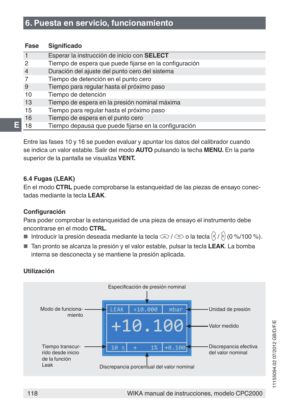 E6. puesta en servicio, funcionamiento | WIKA CPC2000 User Manual | Page 118 / 132