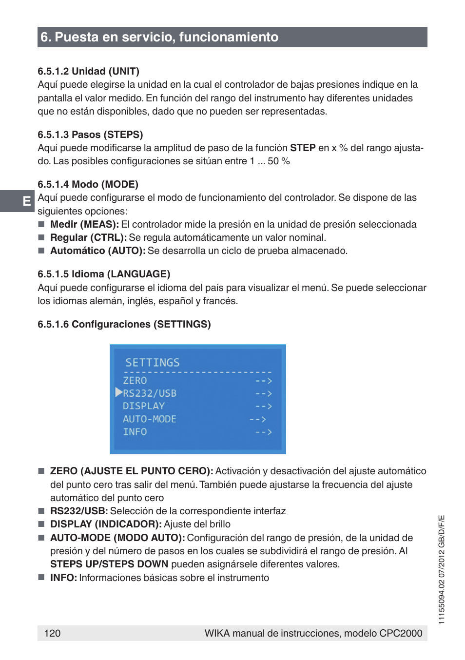 E6. puesta en servicio, funcionamiento | WIKA CPC2000 User Manual | Page 120 / 132