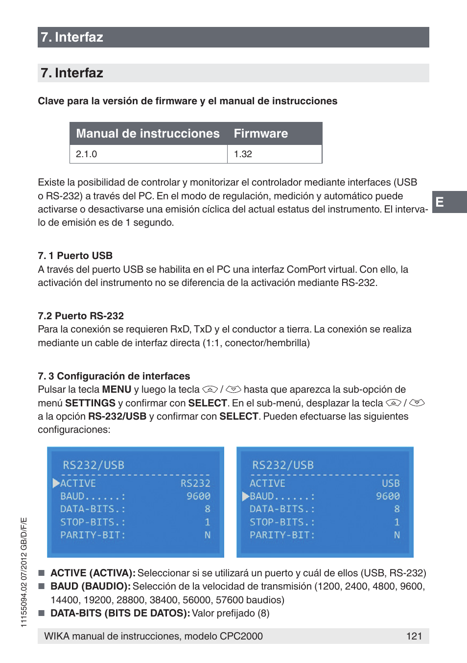 E7. interfaz 7. interfaz, Manual de instrucciones firmware | WIKA CPC2000 User Manual | Page 121 / 132