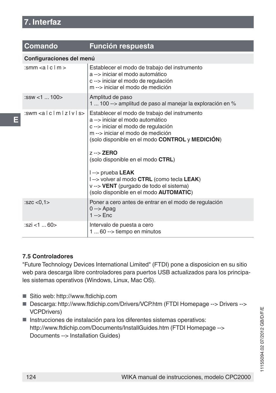 E7. interfaz, Comando función respuesta | WIKA CPC2000 User Manual | Page 124 / 132