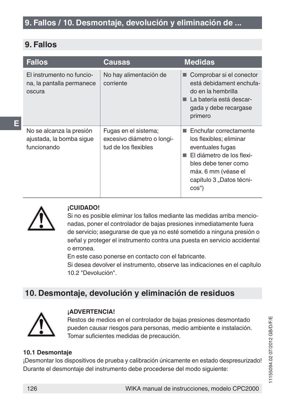 Desmontaje, devolución y eliminación de residuos, Fallos causas medidas | WIKA CPC2000 User Manual | Page 126 / 132