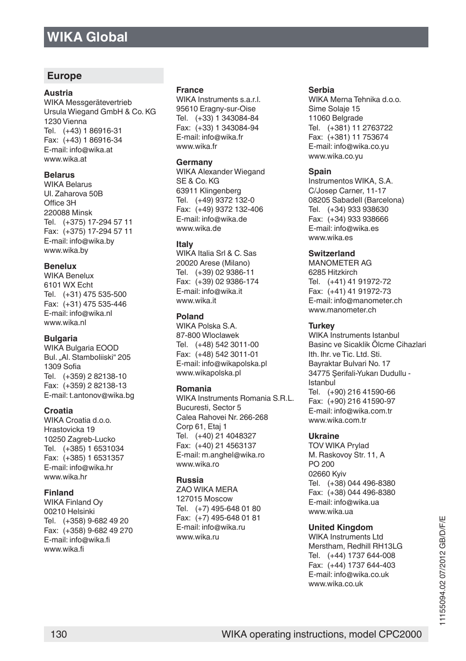 Wika global, Europe | WIKA CPC2000 User Manual | Page 130 / 132