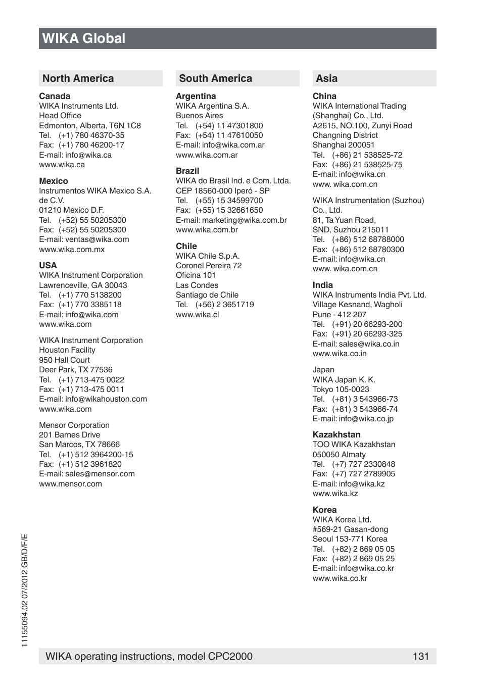 Wika global, North america, South america | Asia | WIKA CPC2000 User Manual | Page 131 / 132
