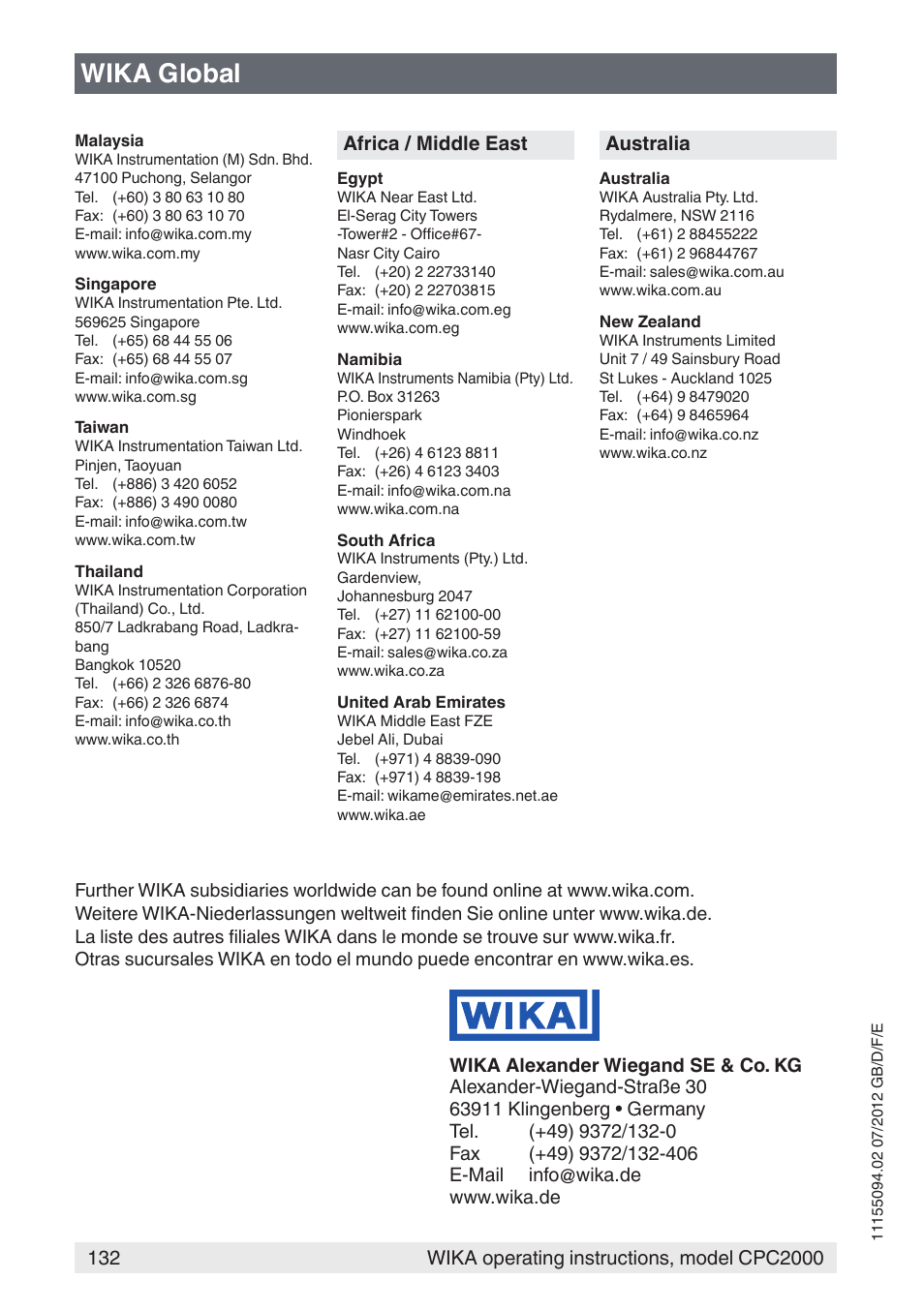 Wika global, Africa / middle east, Australia | WIKA CPC2000 User Manual | Page 132 / 132