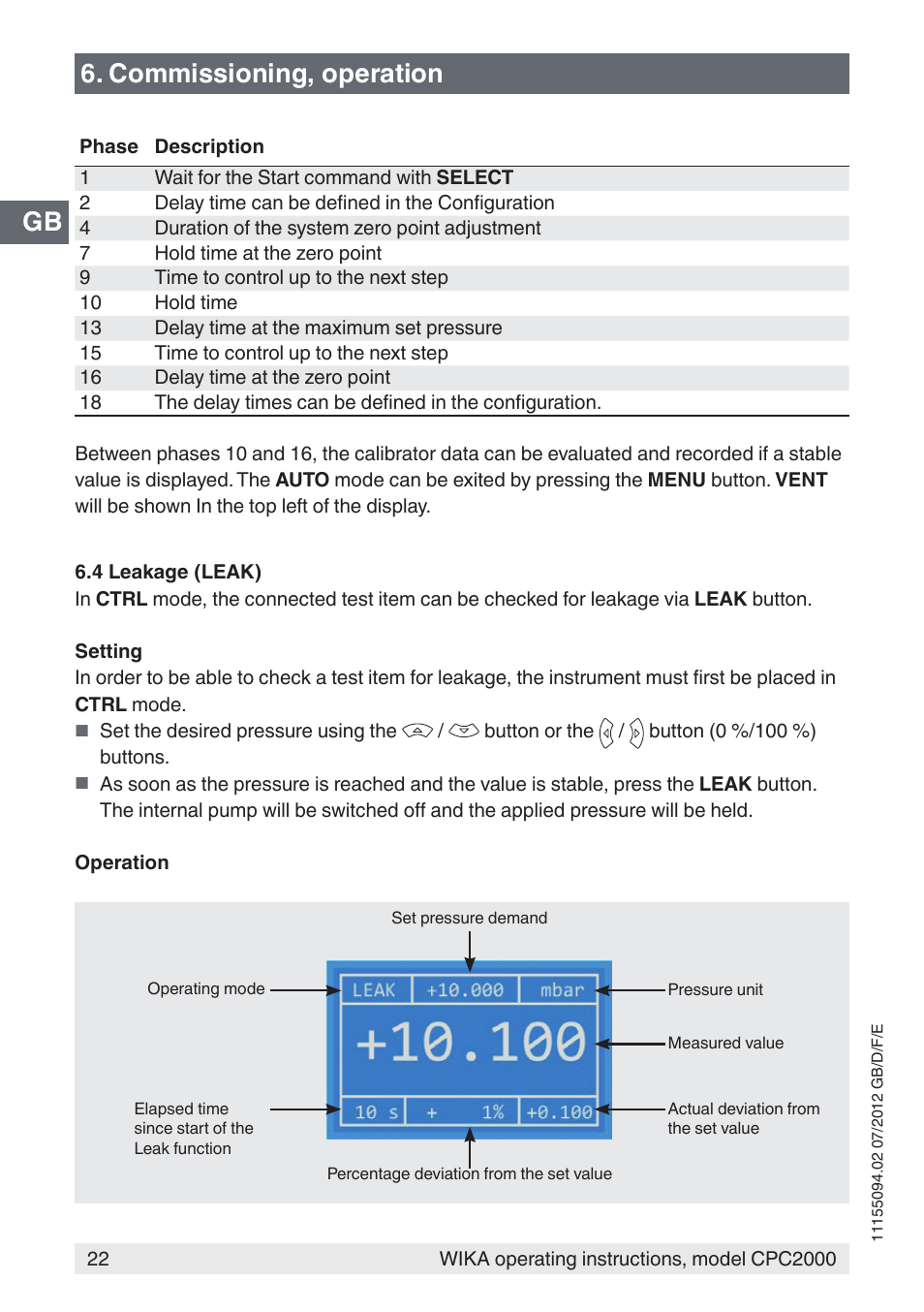 Gb 6. commissioning, operation | WIKA CPC2000 User Manual | Page 22 / 132