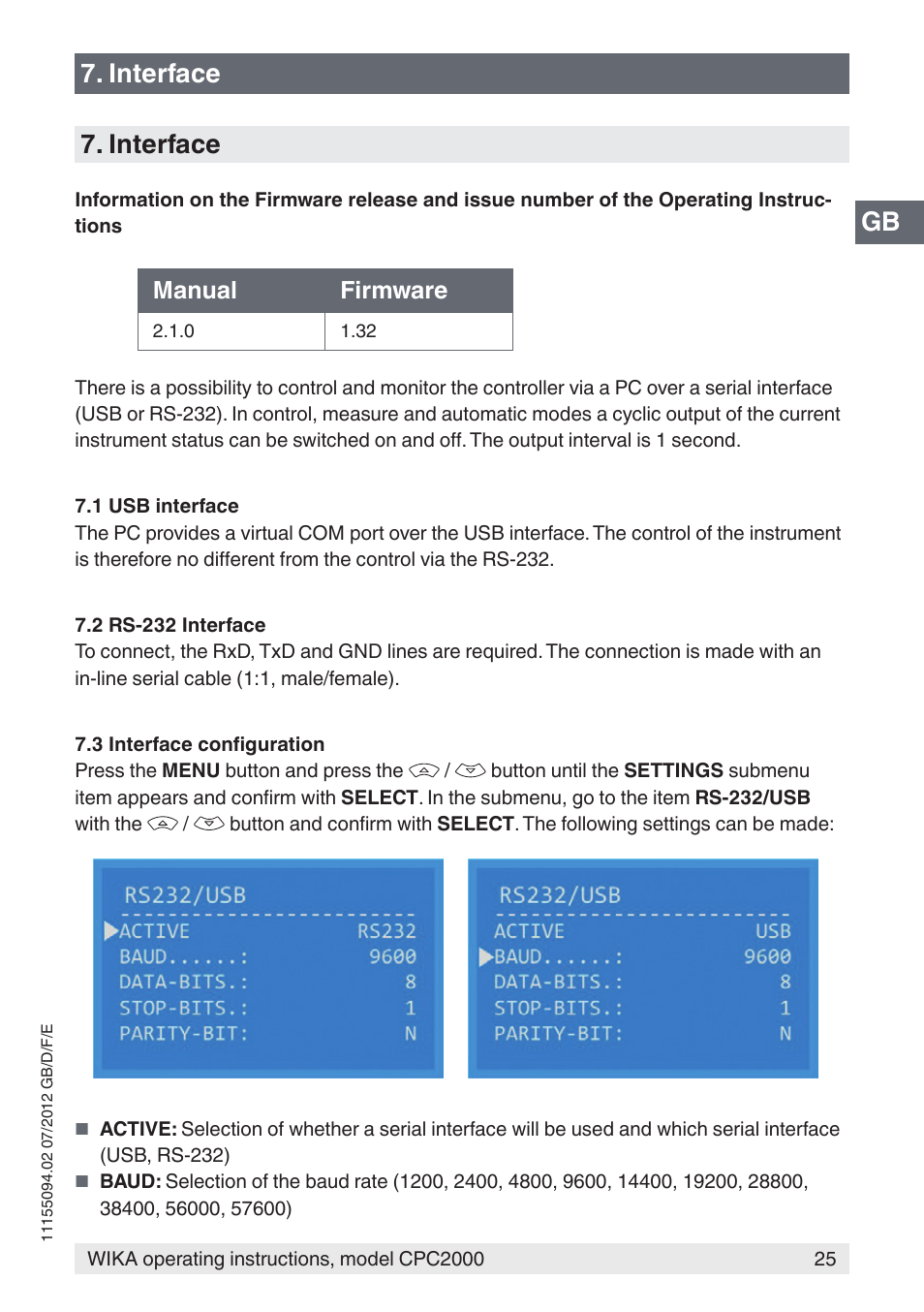 Gb 7. interface 7. interface, Manual firmware | WIKA CPC2000 User Manual | Page 25 / 132