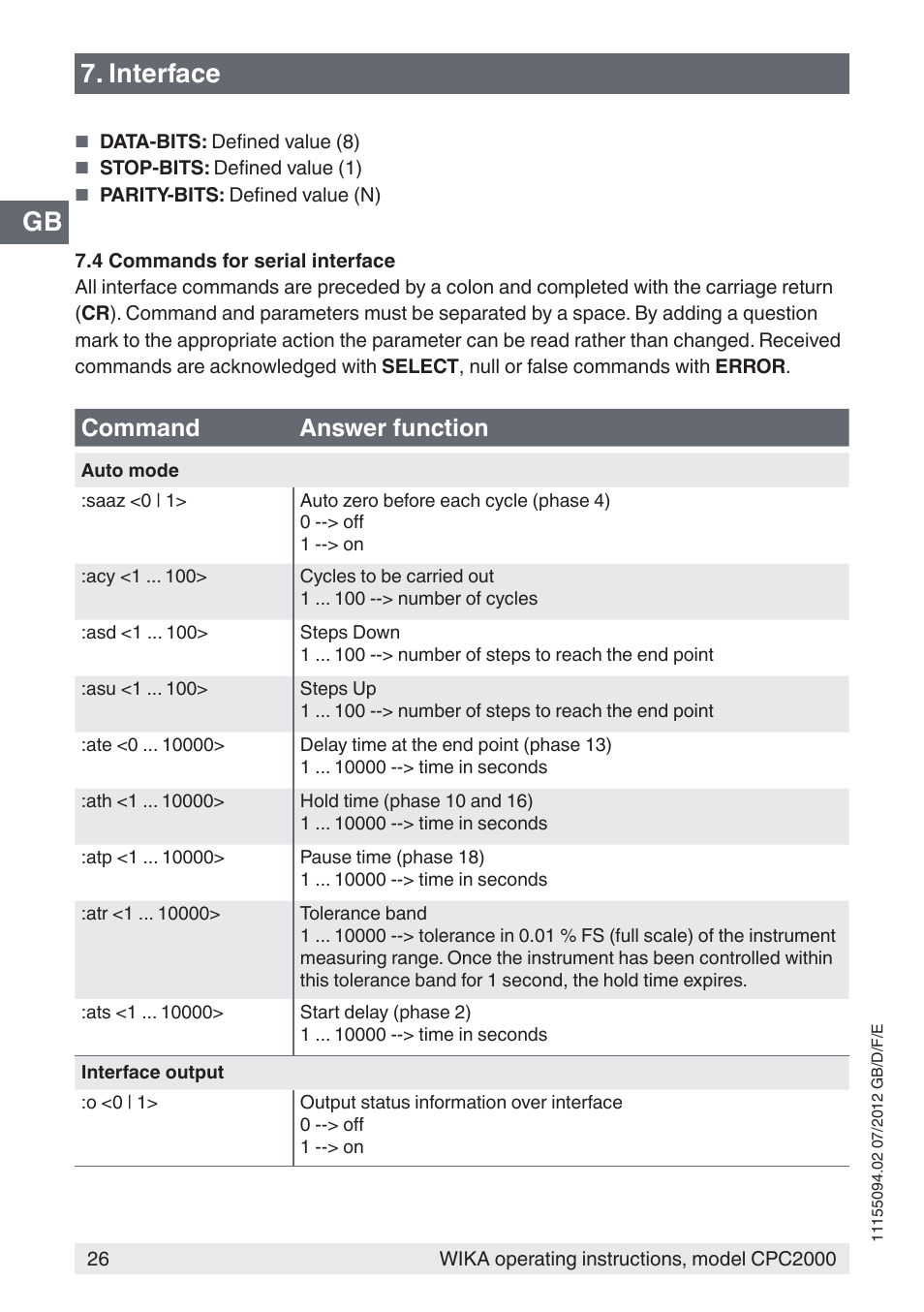 Gb 7. interface, Command answer function | WIKA CPC2000 User Manual | Page 26 / 132