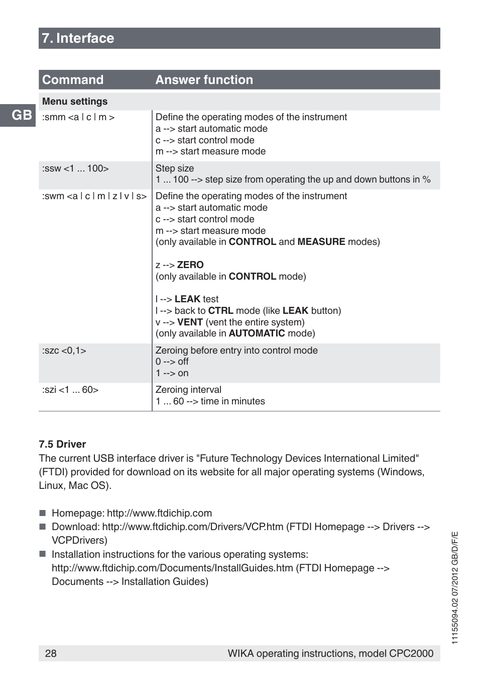 Gb 7. interface, Command answer function | WIKA CPC2000 User Manual | Page 28 / 132
