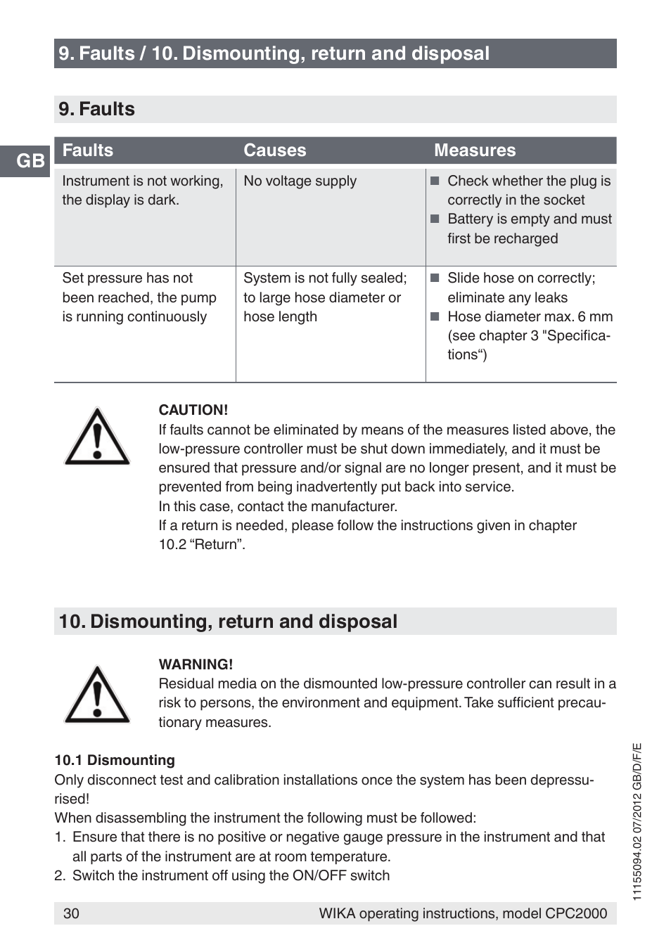 Dismounting, return and disposal, Faults causes measures | WIKA CPC2000 User Manual | Page 30 / 132