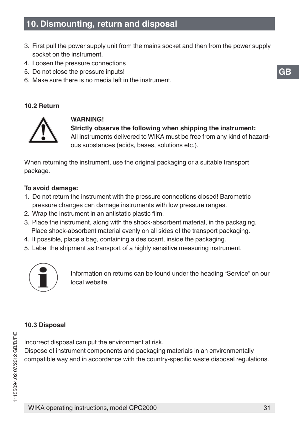 Gb 10. dismounting, return and disposal | WIKA CPC2000 User Manual | Page 31 / 132