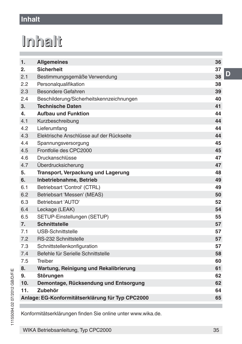 Inhalt, Dinhalt | WIKA CPC2000 User Manual | Page 35 / 132