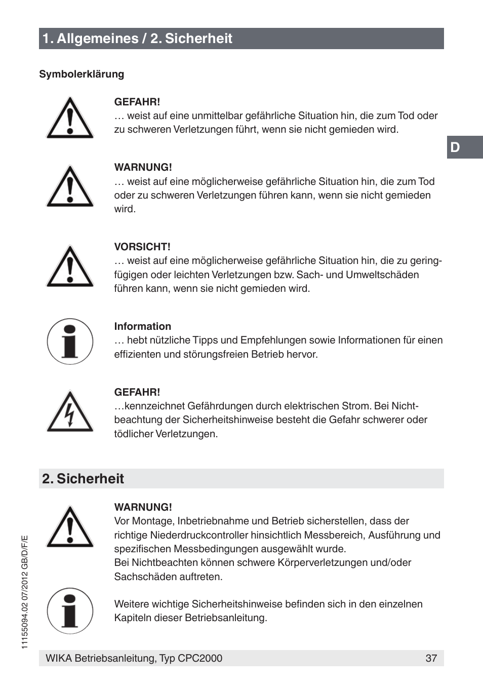 D1. allgemeines / 2. sicherheit, Sicherheit | WIKA CPC2000 User Manual | Page 37 / 132