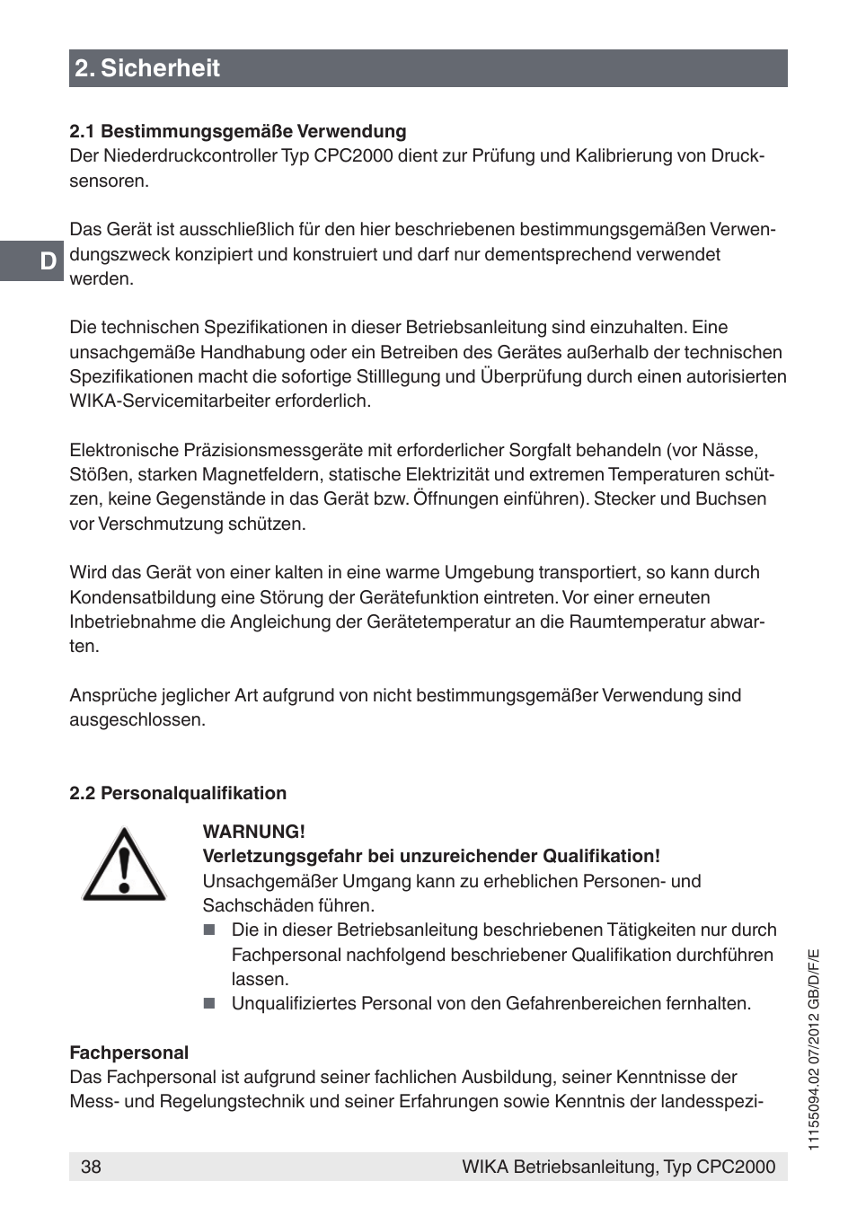 D2. sicherheit | WIKA CPC2000 User Manual | Page 38 / 132