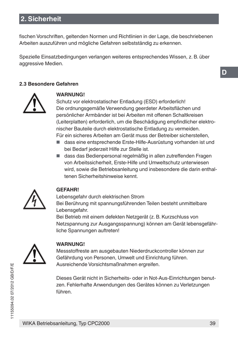D2. sicherheit | WIKA CPC2000 User Manual | Page 39 / 132