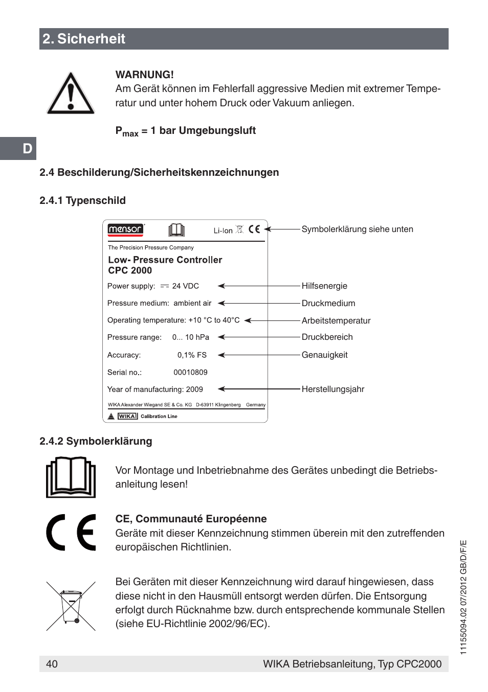 D2. sicherheit | WIKA CPC2000 User Manual | Page 40 / 132