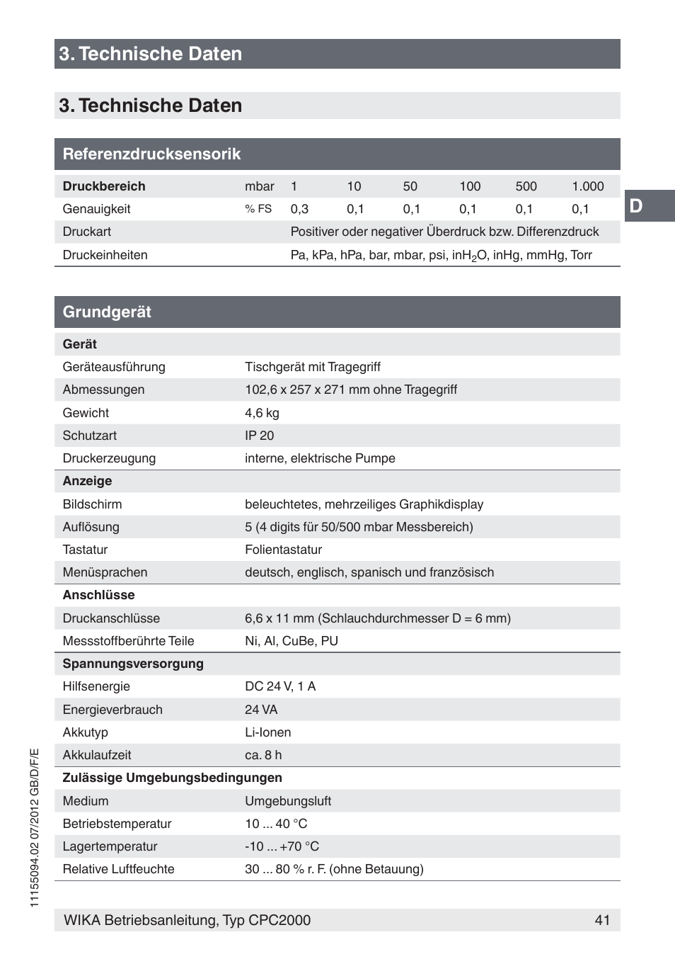 D3. technische daten 3. technische daten, Referenzdrucksensorik, Grundgerät | WIKA CPC2000 User Manual | Page 41 / 132