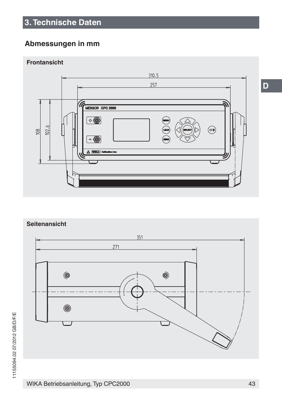 D3. technische daten | WIKA CPC2000 User Manual | Page 43 / 132