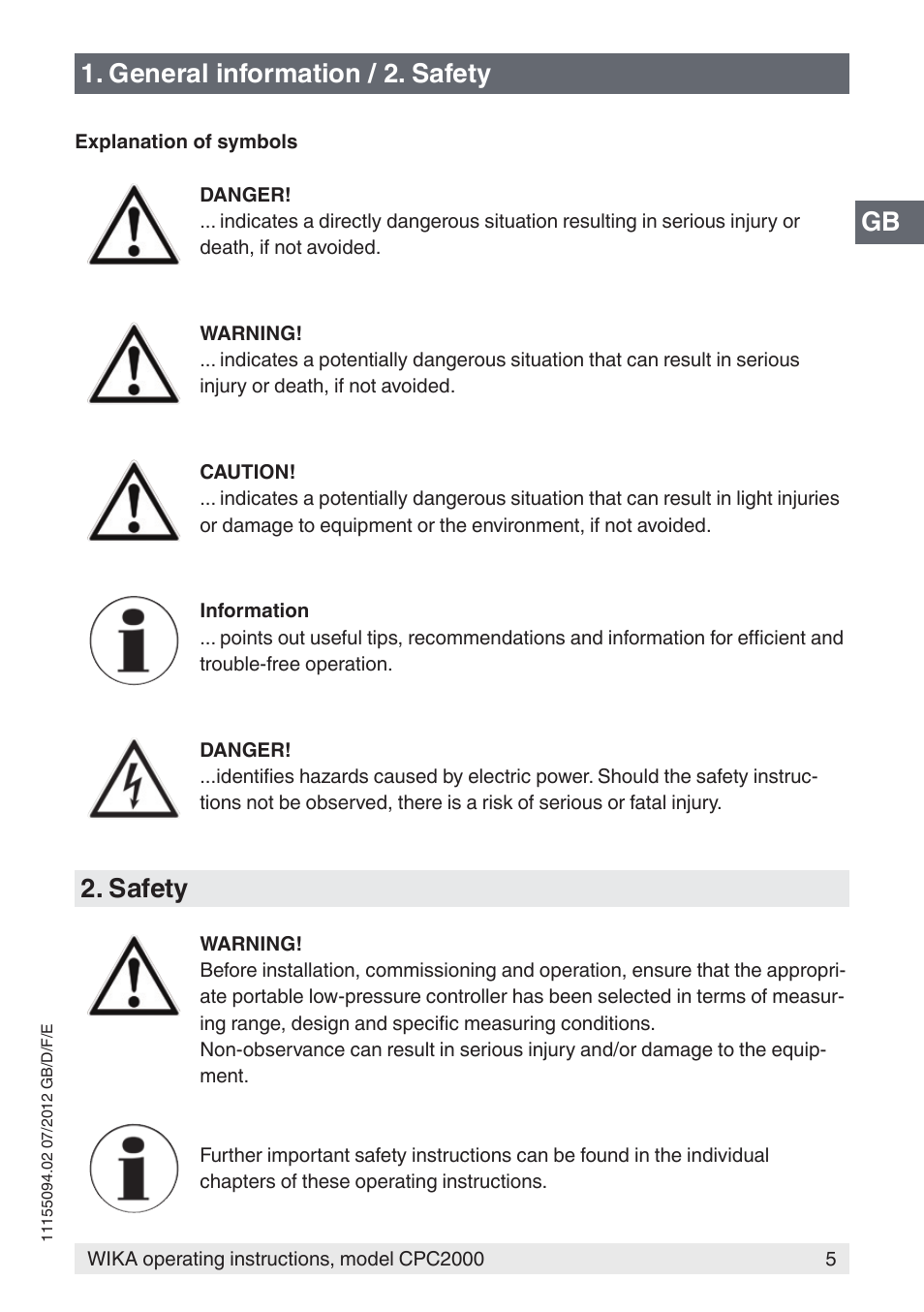 Gb 1. general information / 2. safety, Safety | WIKA CPC2000 User Manual | Page 5 / 132