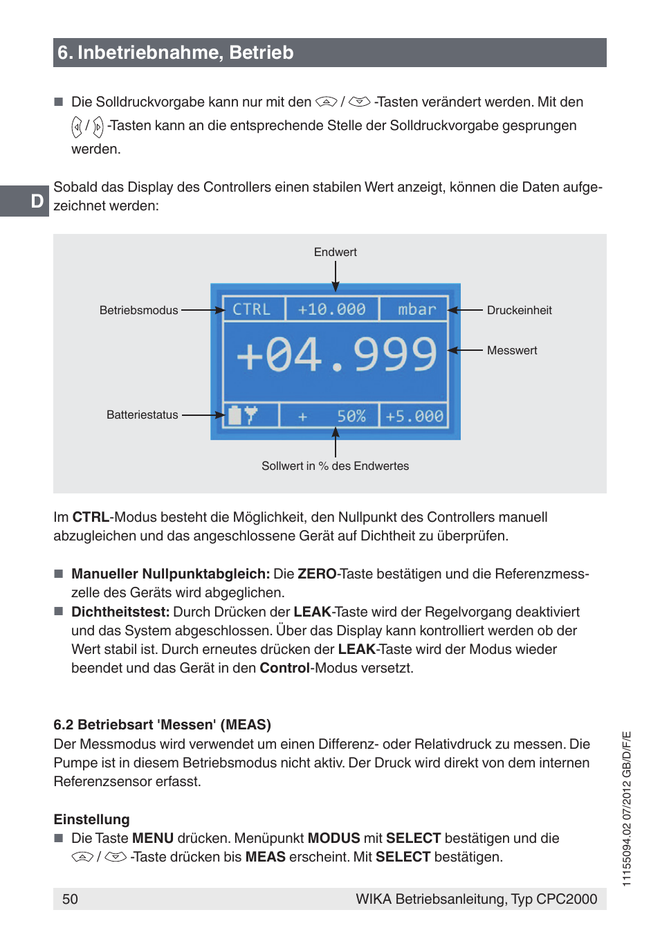 D6. inbetriebnahme, betrieb | WIKA CPC2000 User Manual | Page 50 / 132