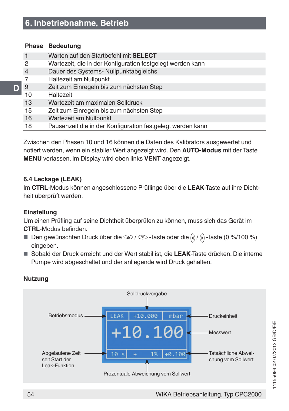 D6. inbetriebnahme, betrieb | WIKA CPC2000 User Manual | Page 54 / 132