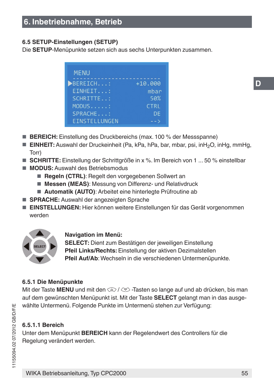 D6. inbetriebnahme, betrieb | WIKA CPC2000 User Manual | Page 55 / 132