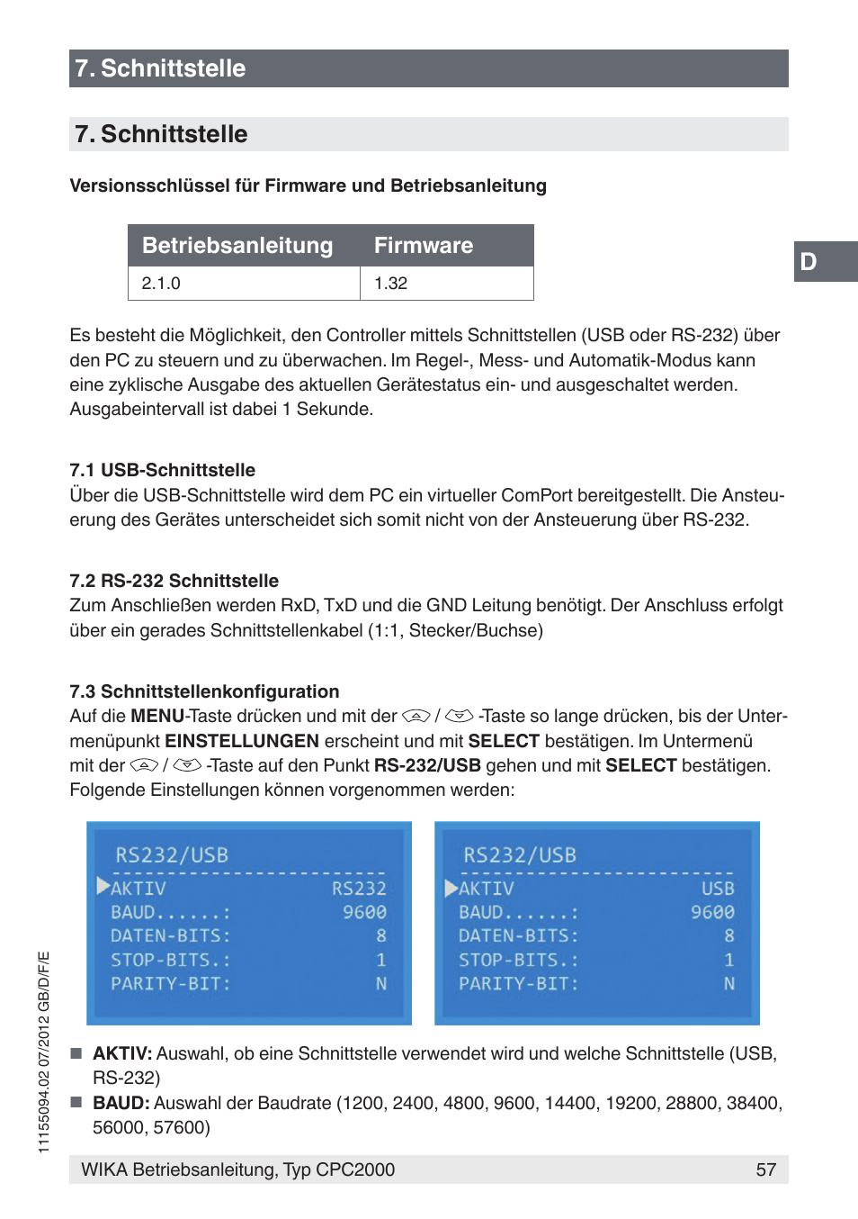 D7. schnittstelle 7. schnittstelle, Betriebsanleitung firmware | WIKA CPC2000 User Manual | Page 57 / 132