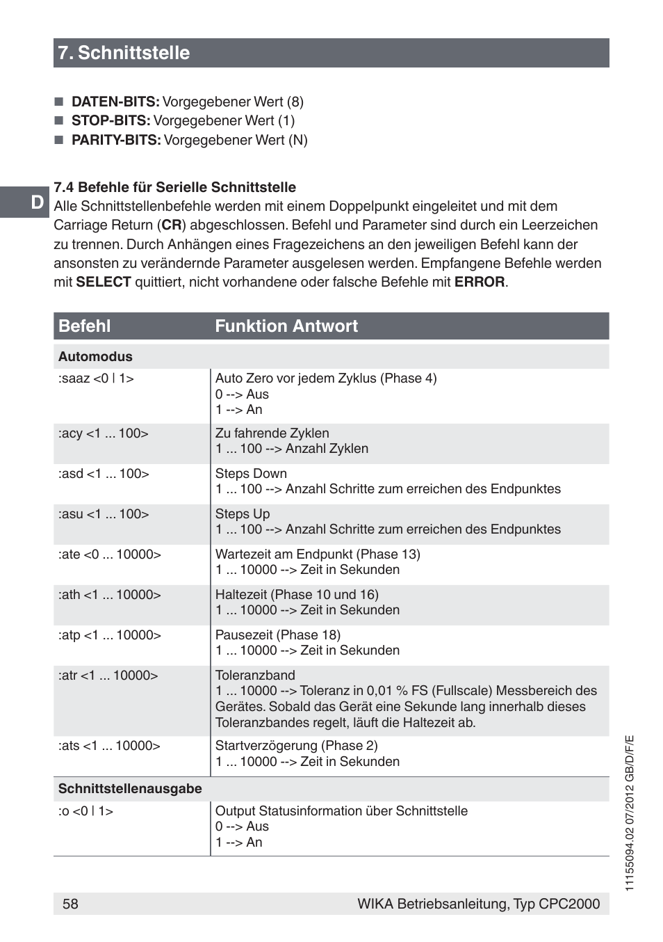D7. schnittstelle, Befehl funktion antwort | WIKA CPC2000 User Manual | Page 58 / 132