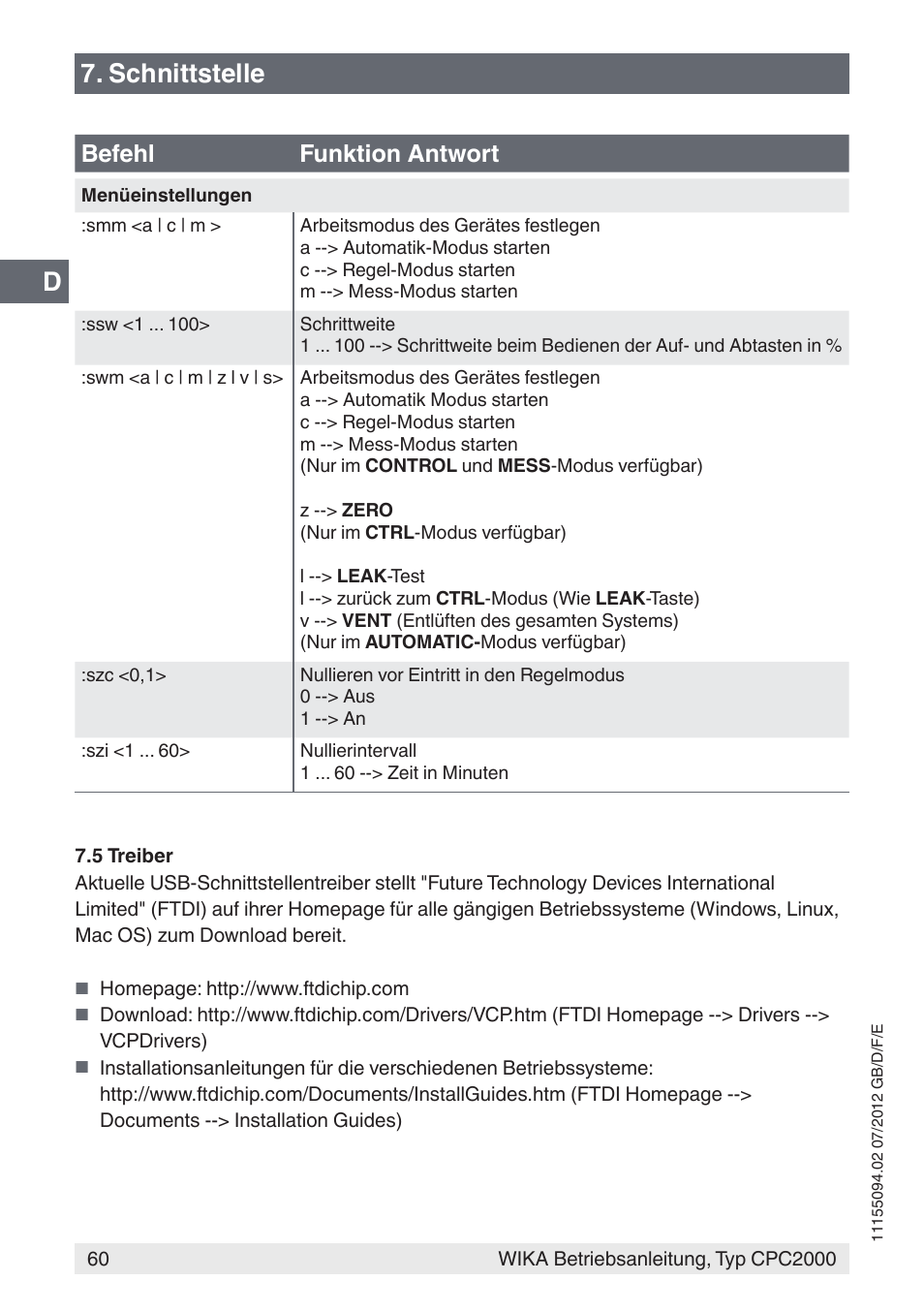 D7. schnittstelle, Befehl funktion antwort | WIKA CPC2000 User Manual | Page 60 / 132