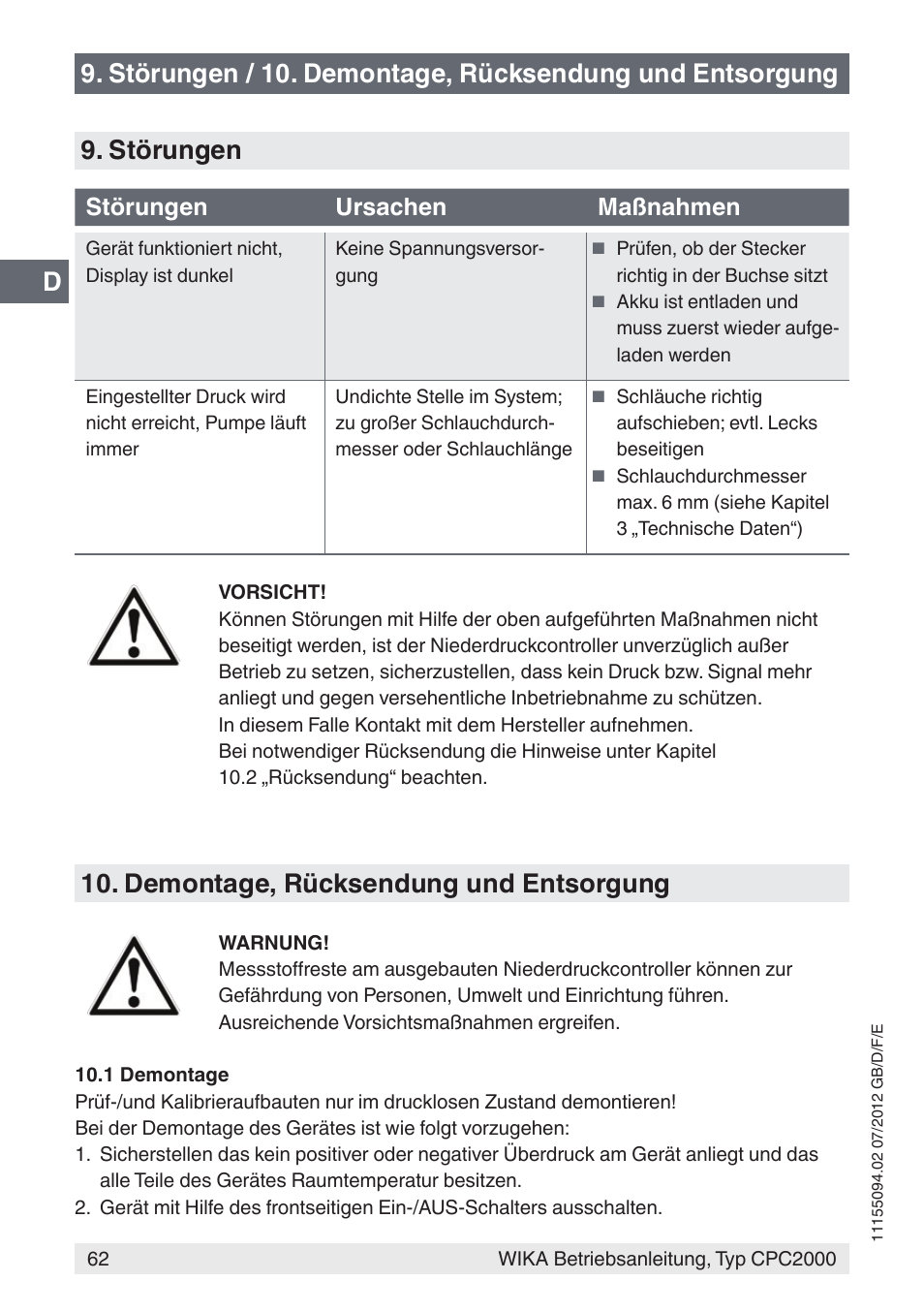 Demontage, rücksendung und entsorgung, Störungen ursachen maßnahmen | WIKA CPC2000 User Manual | Page 62 / 132