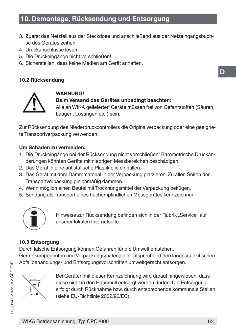 D10. demontage, rücksendung und entsorgung | WIKA CPC2000 User Manual | Page 63 / 132