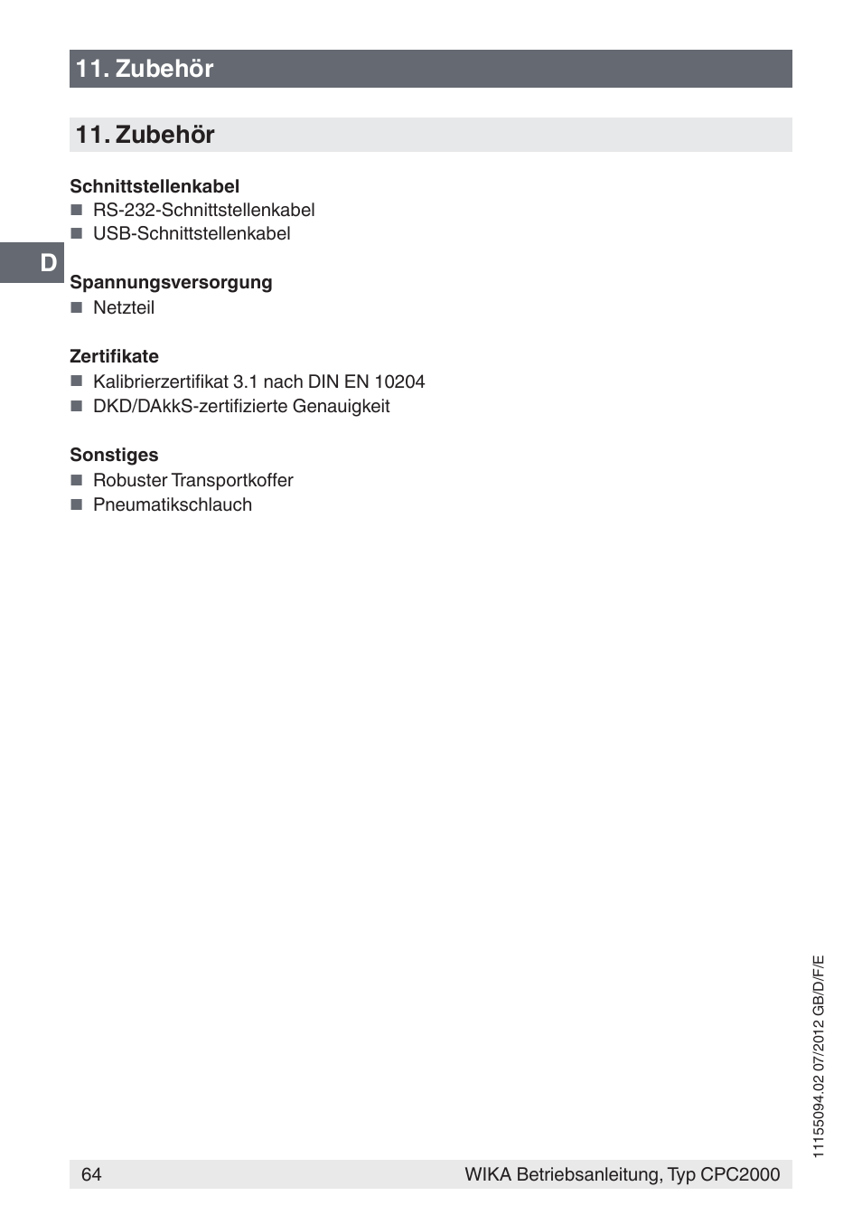 D11. zubehör 11. zubehör | WIKA CPC2000 User Manual | Page 64 / 132
