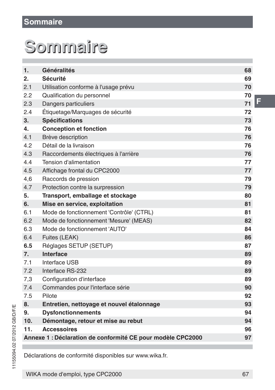 Sommaire, Fsommaire | WIKA CPC2000 User Manual | Page 67 / 132