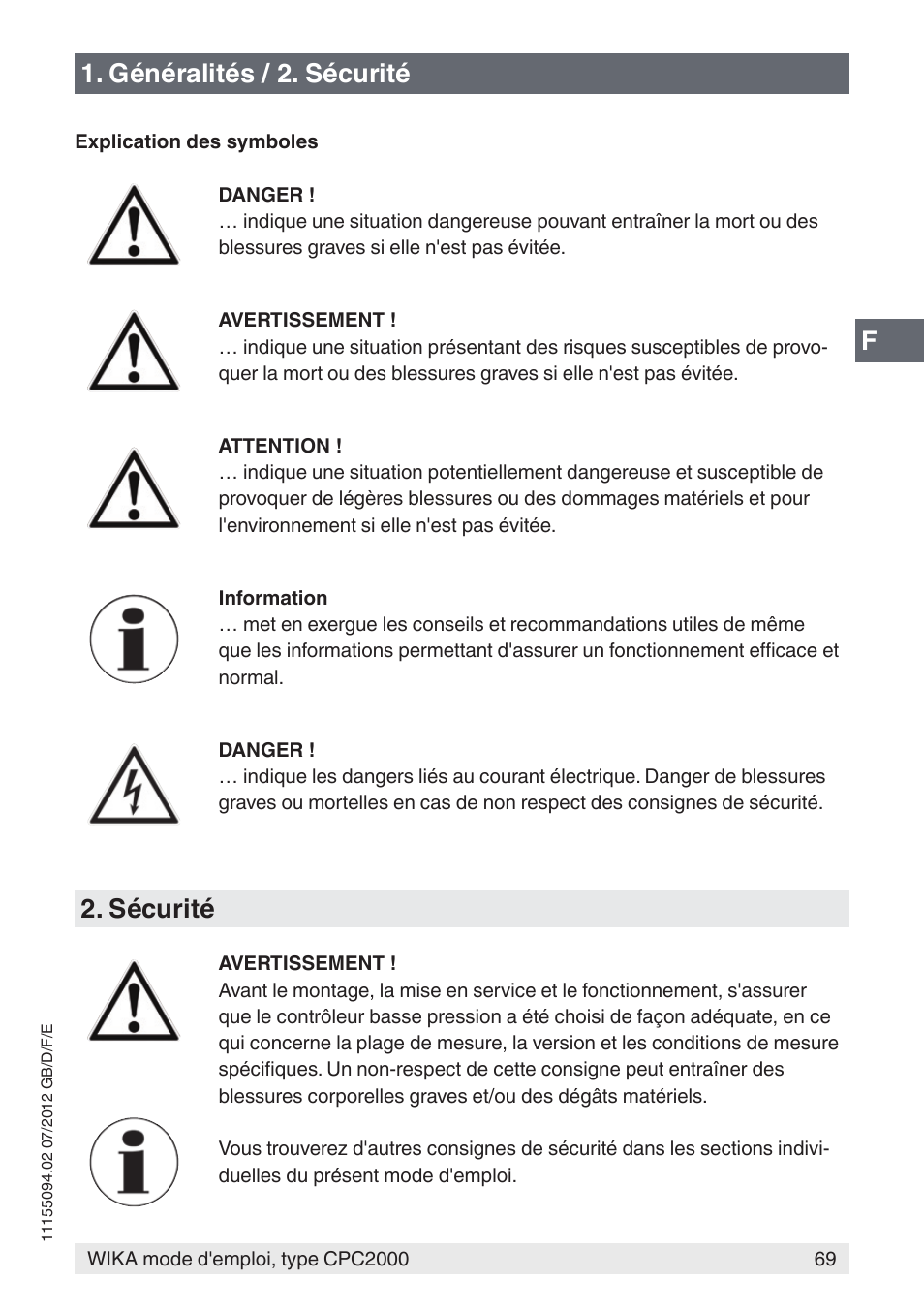 F1. généralités / 2. sécurité, Sécurité | WIKA CPC2000 User Manual | Page 69 / 132