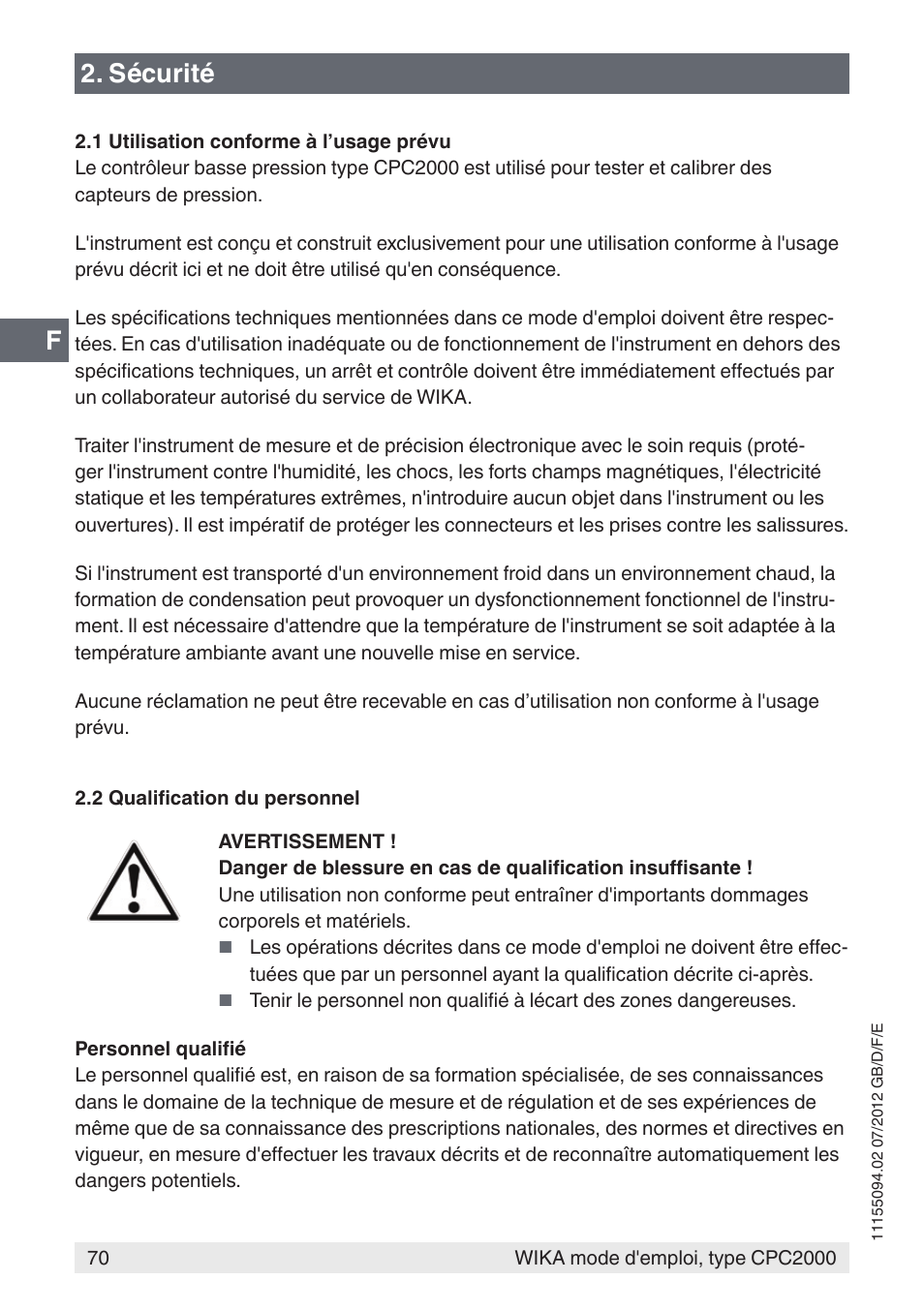 Sécurité | WIKA CPC2000 User Manual | Page 70 / 132