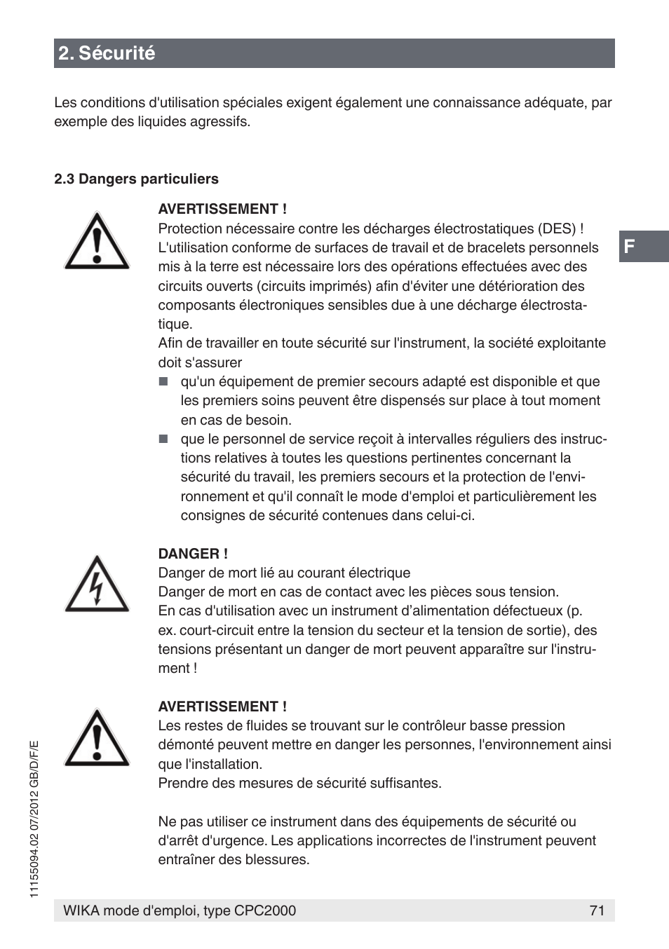 Sécurité | WIKA CPC2000 User Manual | Page 71 / 132