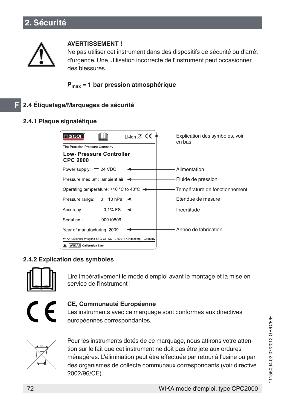 Sécurité | WIKA CPC2000 User Manual | Page 72 / 132